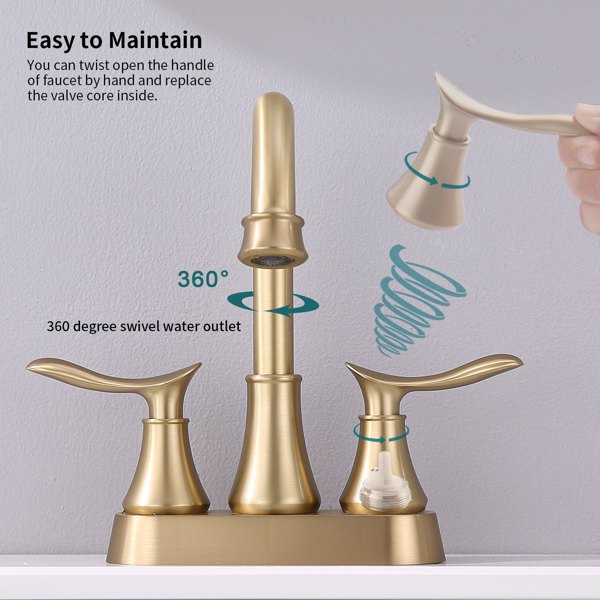 2-Handle 4-Inch Brushed Gold Bathroom Faucet, Bathroom Vanity Sink Faucets with Pop-up Drain and Supply Hoses [Unable to ship on weekends, please place orders with caution]