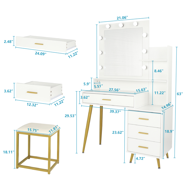  【Old Code：16772020】 Large Vanity Set with 9 LED Bulbs, Makeup Table with Cushioned Stool, 3 Storage Shelves 4 Drawers, Dressing Table Dresser Desk for Women, Girls, Bedroom, White