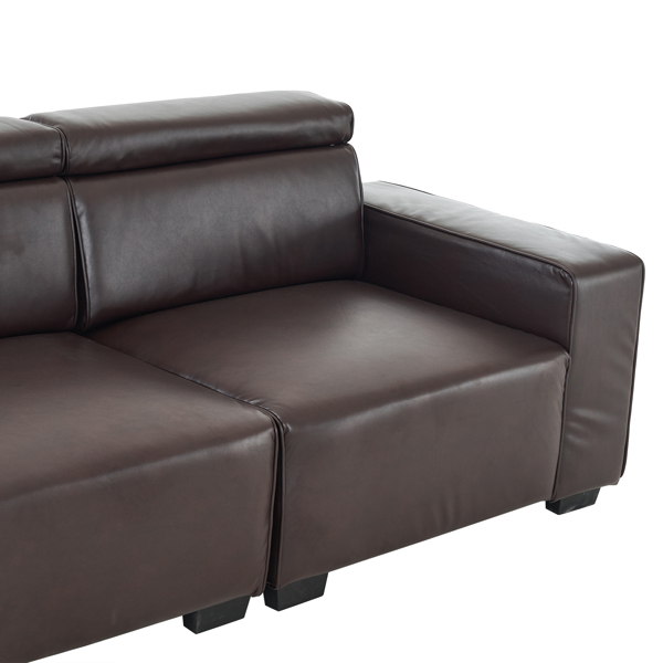 306*96*83cm Retro Pu 26cm Fully Detachable Armrests Three-Seater With Side Pockets Full Pull Points Indoor Multi-Person Sofa Brown