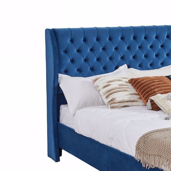 Upholstered wingback velvet fabric Chesterfield bed/button tufted headboard with vintage wings/wood slat support/easy to assemble。Queen-Size-Blue