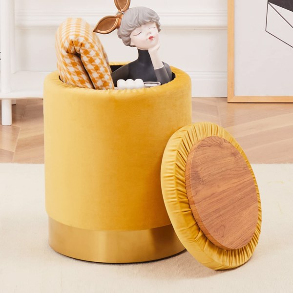 Velvet 23Qt Storage Ottoman Multipurpose Footrest Stool with Metal Base Modern Round Vanity Stool Chair Ottoman Foot Stools Support 300lbs Padded Seat for Living Room & Bedroom (Ginger)