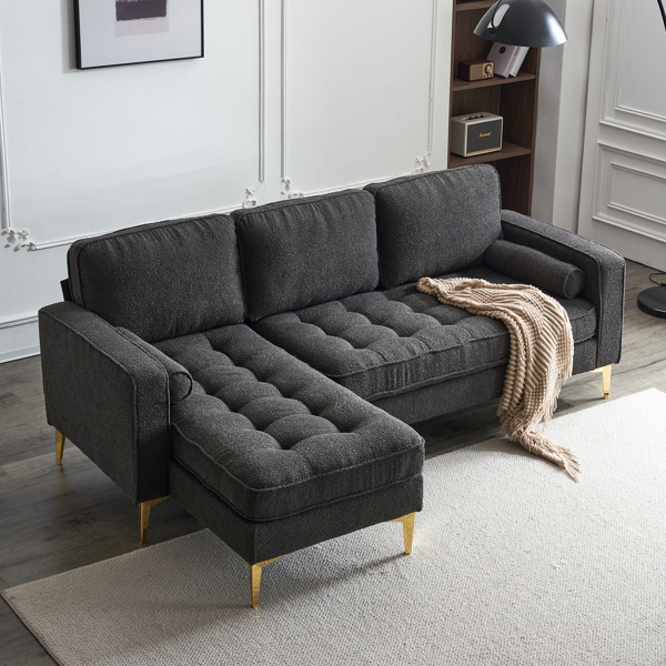 218*141*87cm Boucle Yarn, Diamond-Shaped Gold-Plated Three-Pronged Legs, Three-Seater With Footstool, Indoor Modular Sofa, Dark Grey