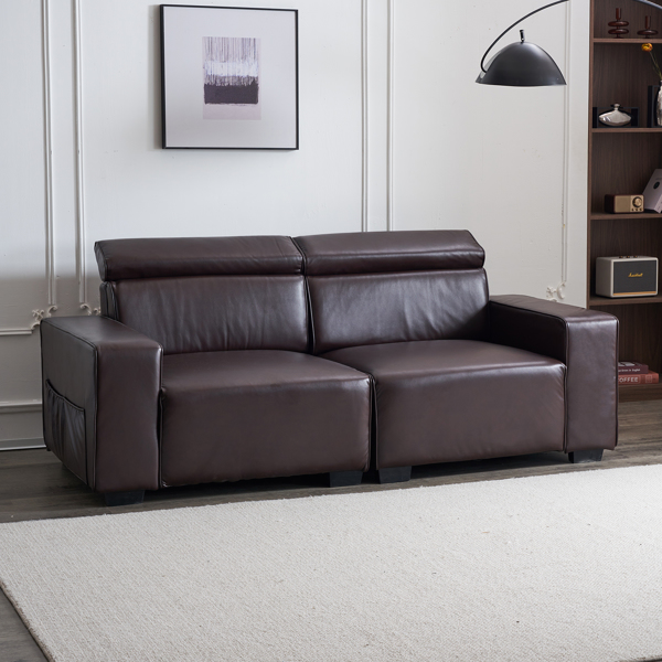 221*96*83cm Retro PU 26cm Fully Detachable Armrests Two Seats With Side Pockets Full Pull Points Indoor Double Sofa Brown