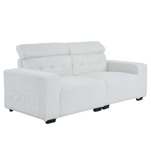 221*96*83cm Teddy Velvet 26cm Fully Detachable Armrests Two Seats With Side Pockets Backrest Pull Points Indoor Double Sofa Off-White