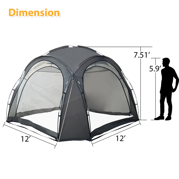 12 X 12 ft Pop Up Beach Tent, UPF 50+ Tent with Side Wall, Ground Pegs, and Stability Poles, Rainproof, Waterproof for Camping Trips, Party or Picnics, Gray