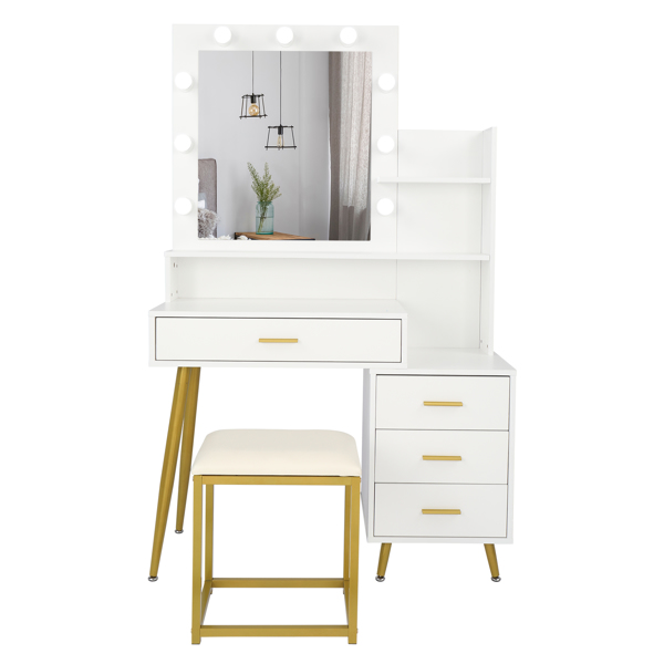  【Old Code：16772020】 Large Vanity Set with 9 LED Bulbs, Makeup Table with Cushioned Stool, 3 Storage Shelves 4 Drawers, Dressing Table Dresser Desk for Women, Girls, Bedroom, White