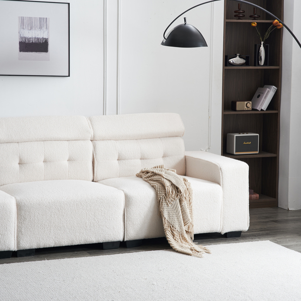 306*96*83cm Teddy Velvet, 26cm Fully Detachable Armrests, Three-Seater With Side Pockets, Backrest Pull Points, Indoor Multi-Person Sofa, Off-White