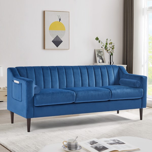 Modern Chesterfield Sofa, Comfortable Upholstered Sofa, Velvet Fabric, Wooden Frame with Wooden Legs, Suitable for Living Room/Bedroom/Office, 3 Seat Sofa -Blue