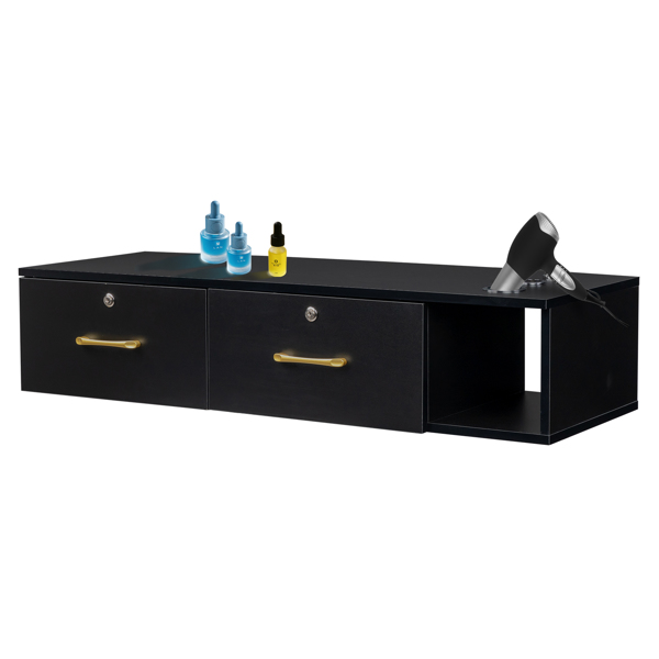 15cm E0 chipboard pitted surface, two drawers and three holes with lock, salon cabinet, black