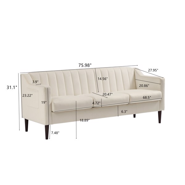 Modern Chesterfield Sofa, Comfortable Upholstered Sofa, Velvet Fabric, Wooden Frame with Wooden Legs, Suitable for Living Room/Bedroom/Office, 3 Seat Sofa -White