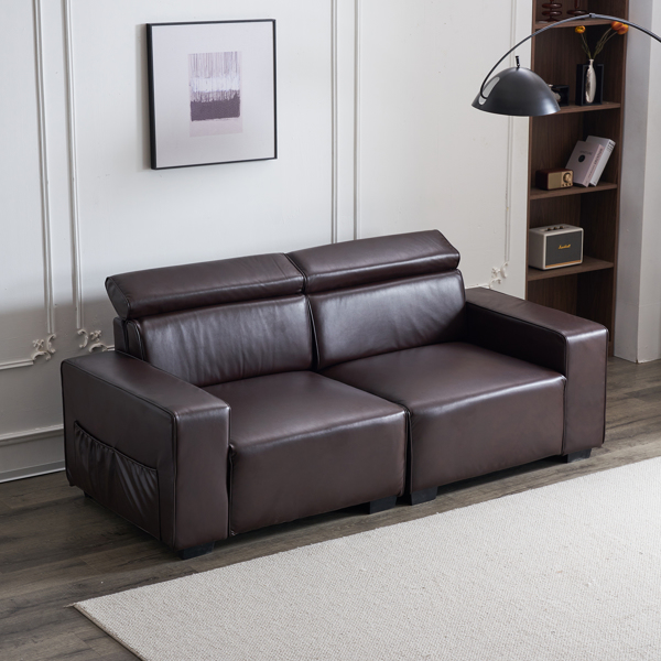 221*96*83cm Retro PU 26cm Fully Detachable Armrests Two Seats With Side Pockets Full Pull Points Indoor Double Sofa Brown