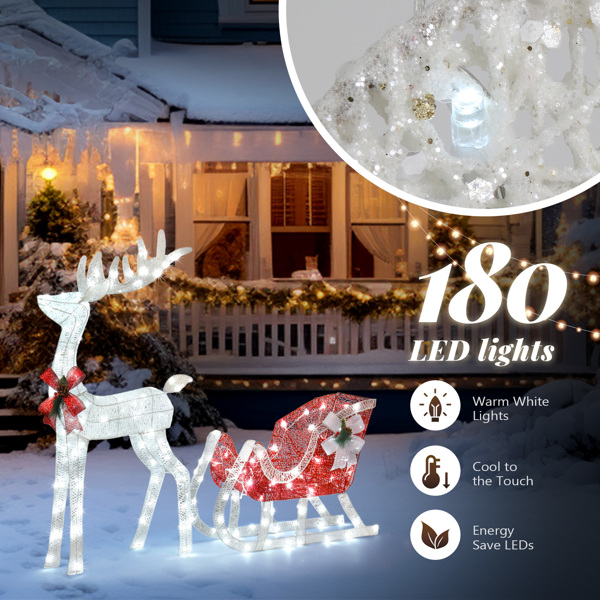 4ft Lighted Christmas Reindeer & Sleigh Outdoor Yard Decoration Set with LED Lights, Red & White