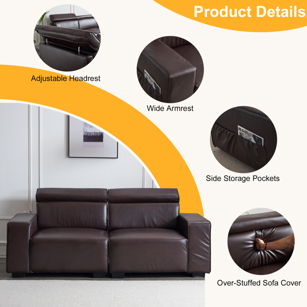 221*96*83cm Retro PU 26cm Fully Detachable Armrests Two Seats With Side Pockets Full Pull Points Indoor Double Sofa Brown