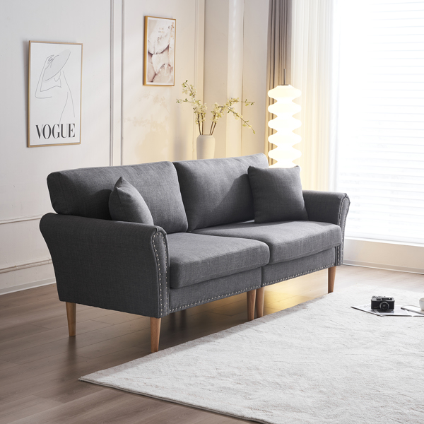 214*83*86cm American Style With Copper Nails, Burlap, Solid Wood Legs, Indoor Double Sofa, Dark Gray
