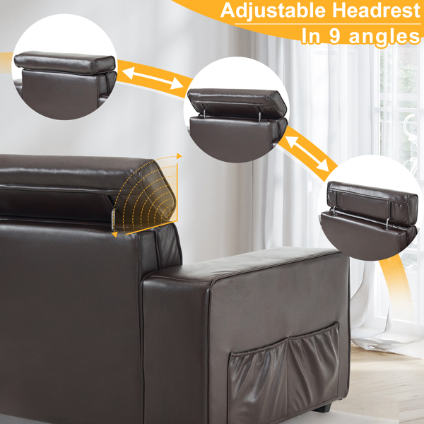 221*96*83cm Retro PU 26cm Fully Detachable Armrests Two Seats With Side Pockets Full Pull Points Indoor Double Sofa Brown