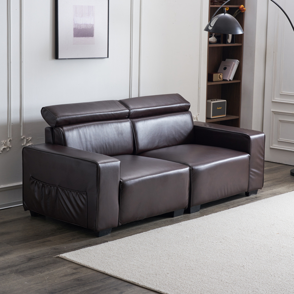 221*96*83cm Retro PU 26cm Fully Detachable Armrests Two Seats With Side Pockets Full Pull Points Indoor Double Sofa Brown