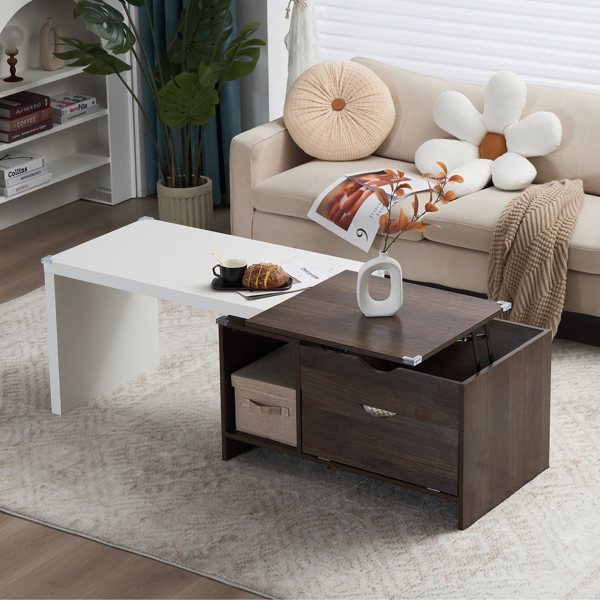 59" L Large Wood Coffee Table with Storage, Modern Extendable Transformer Table with Trunk/Open Shelf, Walnut&White Lift Top Center Table for Living Room, Farmhouse& Space-Saving Furniture