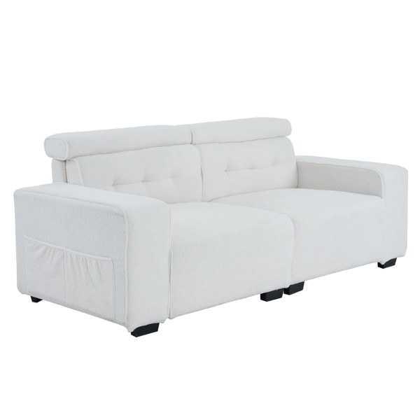 221*96*83cm Teddy Velvet 26cm Fully Detachable Armrests Two Seats With Side Pockets Backrest Pull Points Indoor Double Sofa Off-White