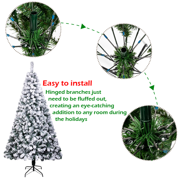 6FT PVC Flocking Christmas Tree 1202 Branches Spread Out Naturally Tree