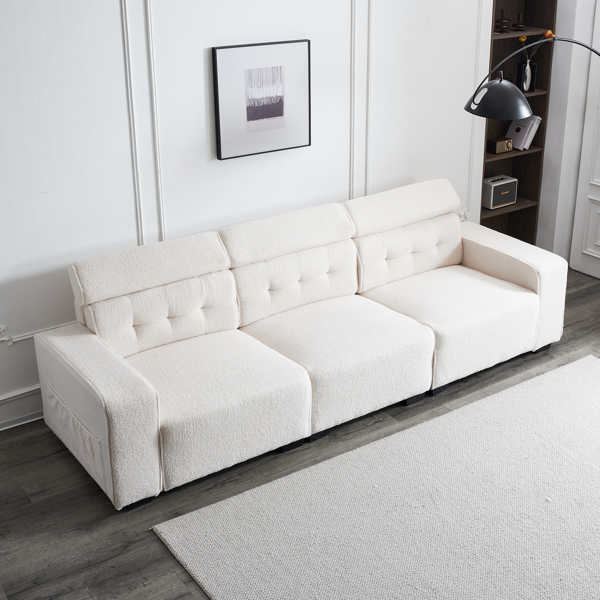 306*96*83cm Teddy Velvet, 26cm Fully Detachable Armrests, Three-Seater With Side Pockets, Backrest Pull Points, Indoor Multi-Person Sofa, Off-White