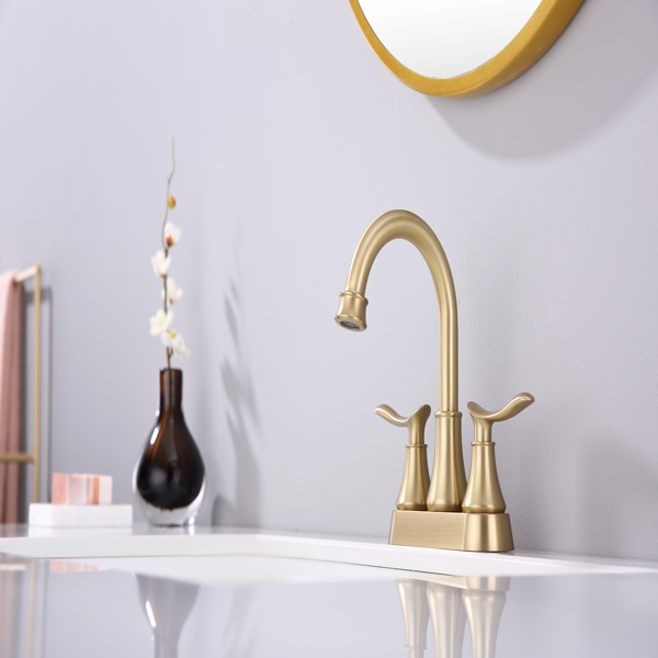 2-Handle 4-Inch Brushed Gold Bathroom Faucet, Bathroom Vanity Sink Faucets with Pop-up Drain and Supply Hoses [Unable to ship on weekends, please place orders with caution]