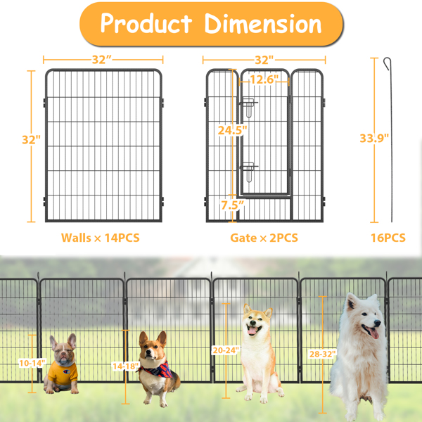 32" Outdoor Fence Heavy Duty Dog Pens 16 Panels Temporary Pet Playpen with Doors