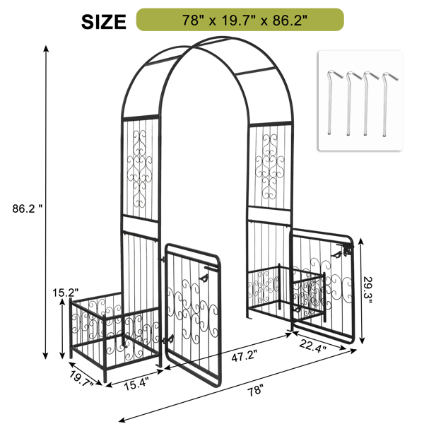 198.5*50*219cm Courtyard Arc Top With Door With Planting Frame Iron Art Iron Arch Black