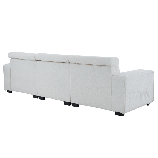 306*96*83cm Teddy Velvet, 26cm Fully Detachable Armrests, Three-Seater With Side Pockets, Backrest Pull Points, Indoor Multi-Person Sofa, Off-White
