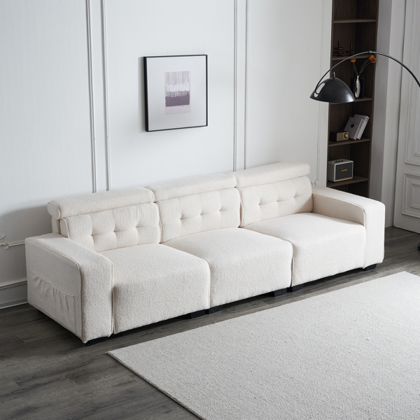 306*96*83cm Teddy Velvet, 26cm Fully Detachable Armrests, Three-Seater With Side Pockets, Backrest Pull Points, Indoor Multi-Person Sofa, Off-White