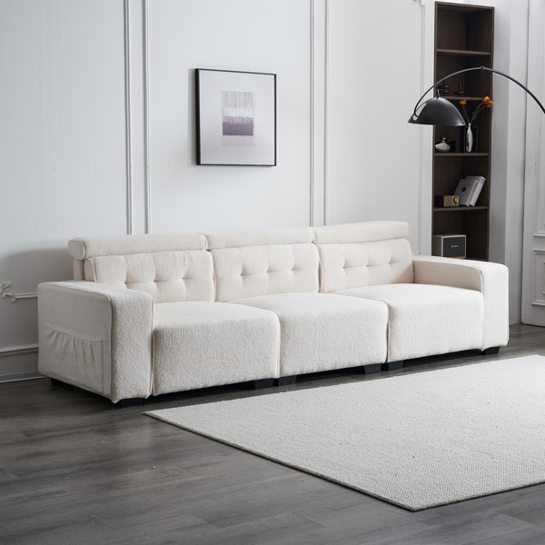 306*96*83cm Teddy Velvet, 26cm Fully Detachable Armrests, Three-Seater With Side Pockets, Backrest Pull Points, Indoor Multi-Person Sofa, Off-White