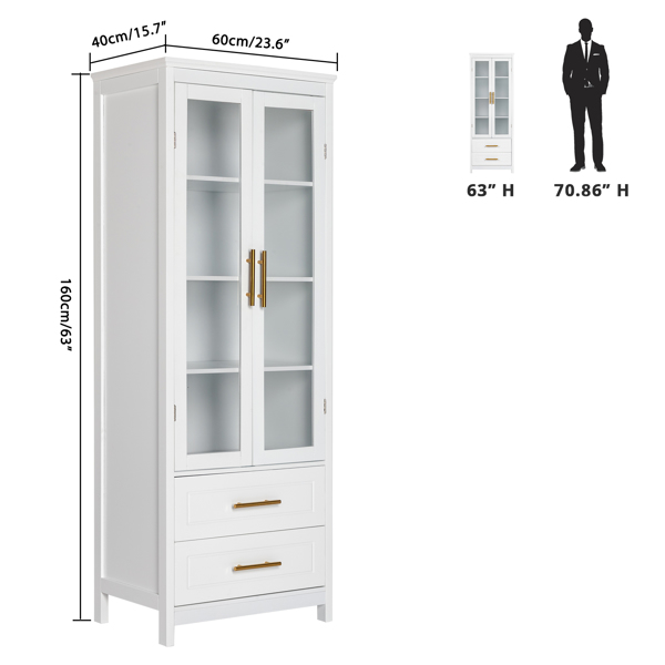 2 Glass Doors 2 Drawers Bathroom Standing Cabinet, Modern Style Bookcase, Household Storage Lockers, White