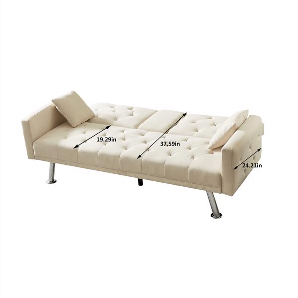 Beige Linen Convertible Sofa and Bed, Square Arm Armrests, Can Hold Water Cup, Two Pillow
