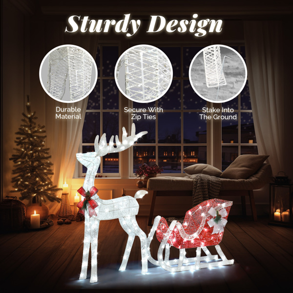 4ft Lighted Christmas Reindeer & Sleigh Outdoor Yard Decoration Set with LED Lights, Red & White