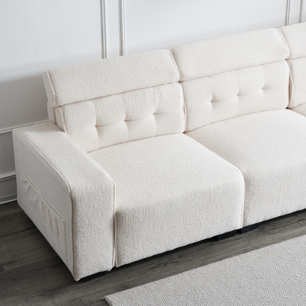 306*96*83cm Teddy Velvet, 26cm Fully Detachable Armrests, Three-Seater With Side Pockets, Backrest Pull Points, Indoor Multi-Person Sofa, Off-White