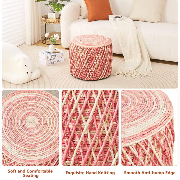 Ottoman Natural Braided Poof Rustic Handweave Lounge Pouffe Footrest Stool Poof Soft Padded Seat Boho Pouffe for The Living Room Bedroom Lounge Pink