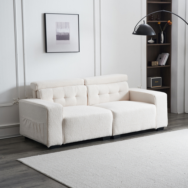 221*96*83cm Teddy Velvet 26cm Fully Detachable Armrests Two Seats With Side Pockets Backrest Pull Points Indoor Double Sofa Off-White