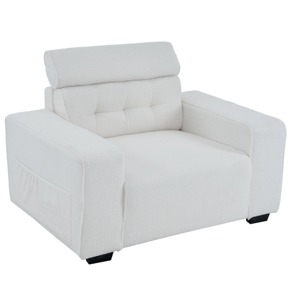 136*96*83cm Teddy Velvet 26cm Fully Removable Armrests Single Seat With Side Pockets Backrest Pull Point Indoor Single Sofa Off-White