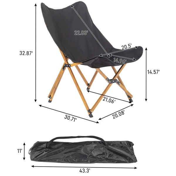 2pcs Folding Outdoor Camping Chair, Portable Stool for Fishing Picnic BBQ, Ultra Light Aluminum Frame with Wood Grain Accent, Black