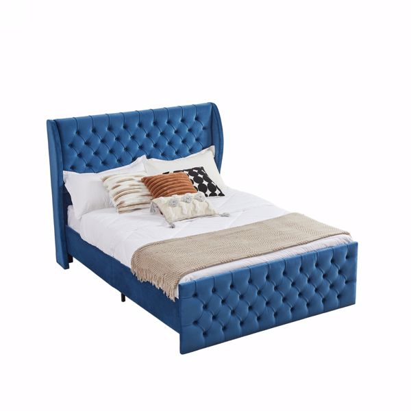 Upholstered wingback velvet fabric Chesterfield bed/button tufted headboard with vintage wings/wood slat support/easy to assemble。Queen-Size-Blue