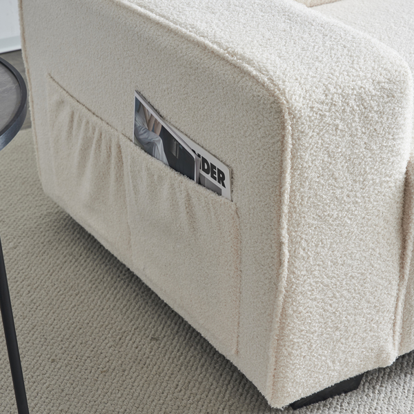 221*96*83cm Teddy Velvet 26cm Fully Detachable Armrests Two Seats With Side Pockets Backrest Pull Points Indoor Double Sofa Off-White