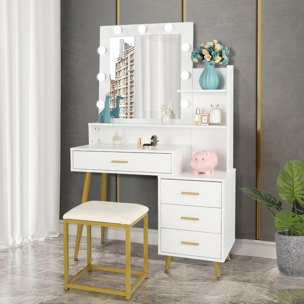  【Old Code：16772020】 Large Vanity Set with 9 LED Bulbs, Makeup Table with Cushioned Stool, 3 Storage Shelves 4 Drawers, Dressing Table Dresser Desk for Women, Girls, Bedroom, White