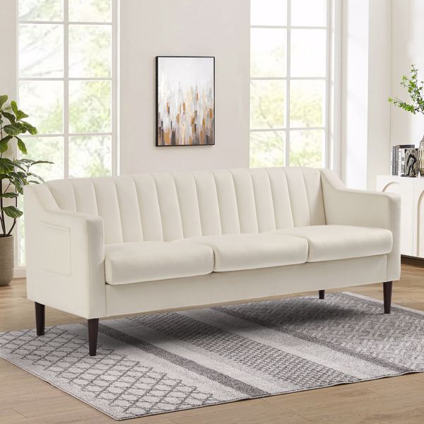 Modern Chesterfield Sofa, Comfortable Upholstered Sofa, Velvet Fabric, Wooden Frame with Wooden Legs, Suitable for Living Room/Bedroom/Office, 3 Seat Sofa -White