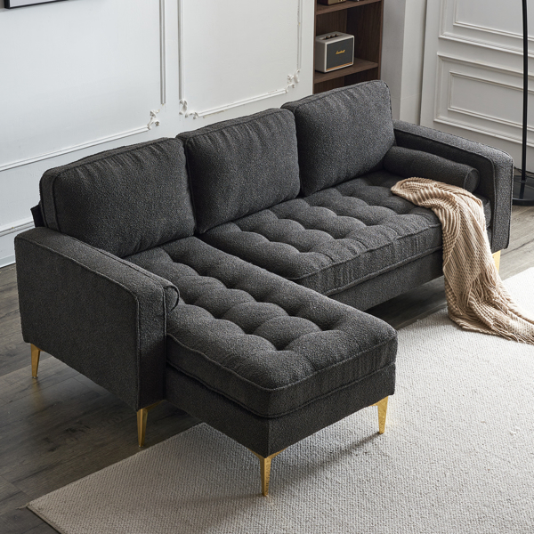 218*141*87cm Boucle Yarn, Diamond-Shaped Gold-Plated Three-Pronged Legs, Three-Seater With Footstool, Indoor Modular Sofa, Dark Grey