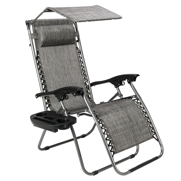  Infinity Zero Gravity Chair with Awning  Outdoor Lounge Patio Chairs with Pillow and Utility Tray Adjustable Folding Recliner for Deck,Patio,Beach,Yard,Grey
