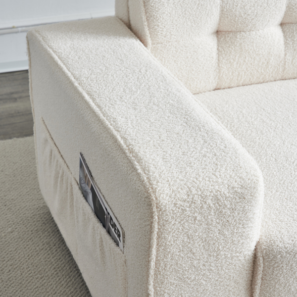 221*96*83cm Teddy Velvet 26cm Fully Detachable Armrests Two Seats With Side Pockets Backrest Pull Points Indoor Double Sofa Off-White