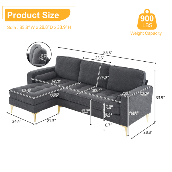 218*141*87cm Boucle Yarn, Diamond-Shaped Gold-Plated Three-Pronged Legs, Three-Seater With Footstool, Indoor Modular Sofa, Dark Grey