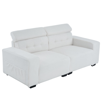221*96*83cm Teddy Velvet 26cm Fully Detachable Armrests Two Seats With Side Pockets Backrest Pull Points Indoor Double Sofa Off-White