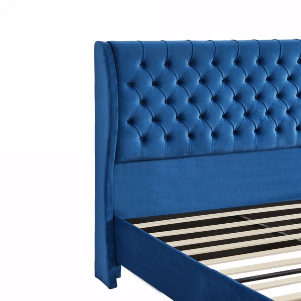 Upholstered wingback velvet fabric Chesterfield bed/button tufted headboard with vintage wings/wood slat support/easy to assemble。Queen-Size-Blue