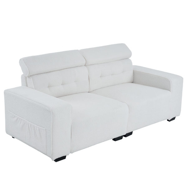221*96*83cm Teddy Velvet 26cm Fully Detachable Armrests Two Seats With Side Pockets Backrest Pull Points Indoor Double Sofa Off-White