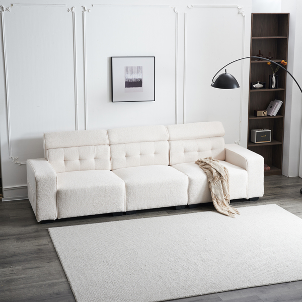 306*96*83cm Teddy Velvet, 26cm Fully Detachable Armrests, Three-Seater With Side Pockets, Backrest Pull Points, Indoor Multi-Person Sofa, Off-White